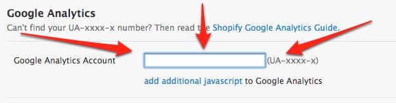 Box to enter Google Analytics tracking code for Shopify