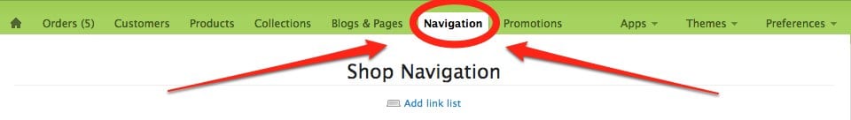 Shopify's Navigation tab in the backend