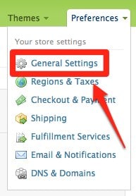 General Settings under preferences in shopify backend