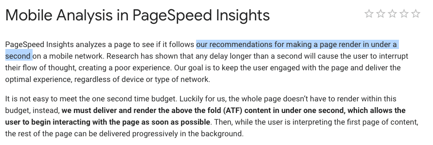 Google recommends page speed load time of 1 second for above the fold
