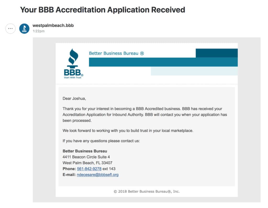 BBB confirmation message of receiving an application.