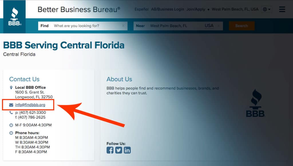 Email address for local chapter of the BBB