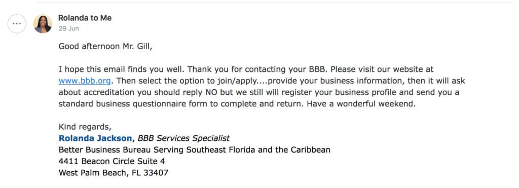 Example email from BBB