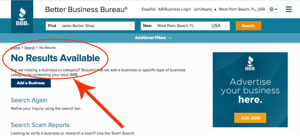 BBB search for a business that wasn't found and produced a 
