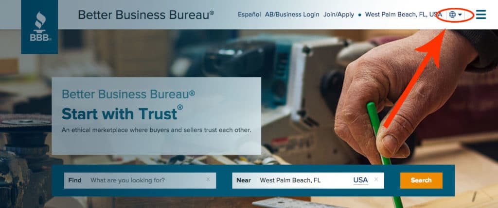 Step 1 set the local BBB location as your default on the homepage